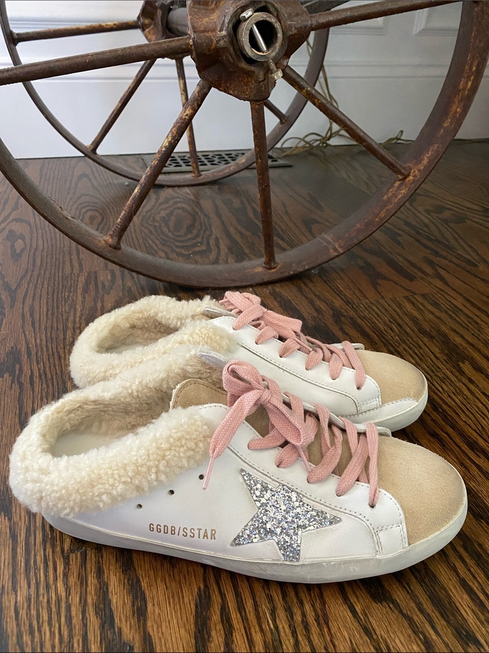 Golden Goose women’s White and Pink Star Sneakers with Glitter Accent